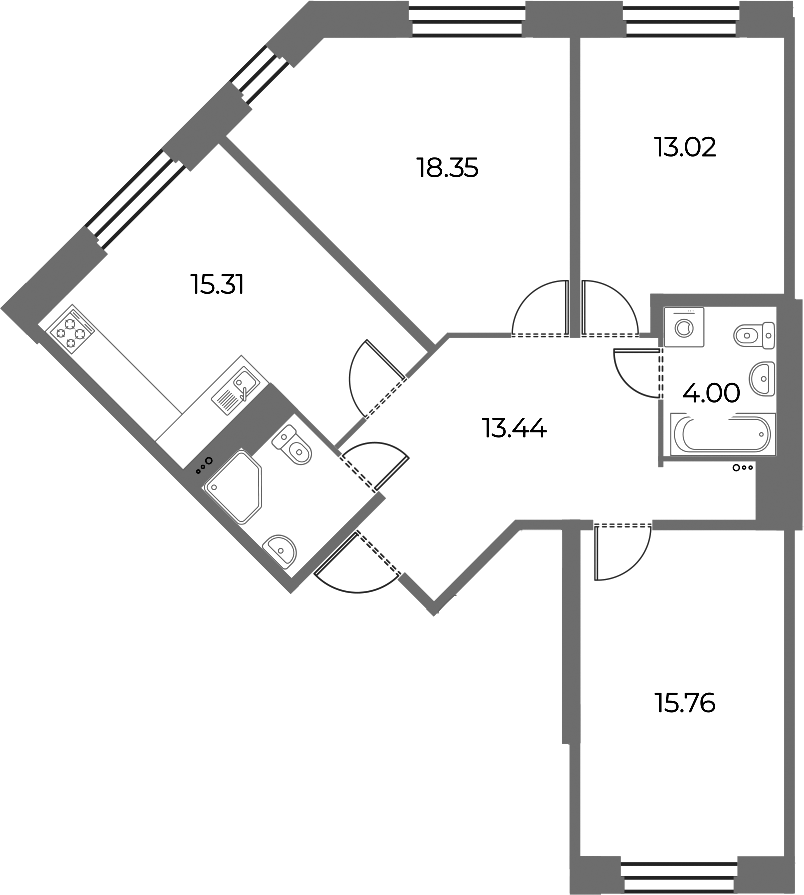 3-комнатная квартира 85.45 м², 2/18 эт., ЖК «Огни Залива»